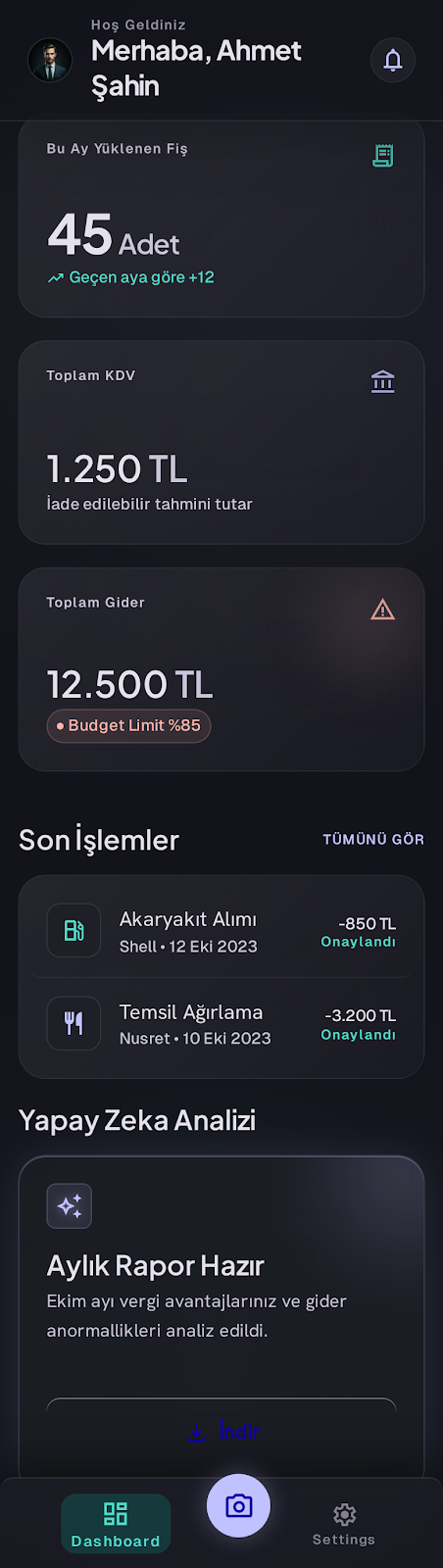 Muasebe mobil uygulamasında fiş ve belge yönetimi ekranı